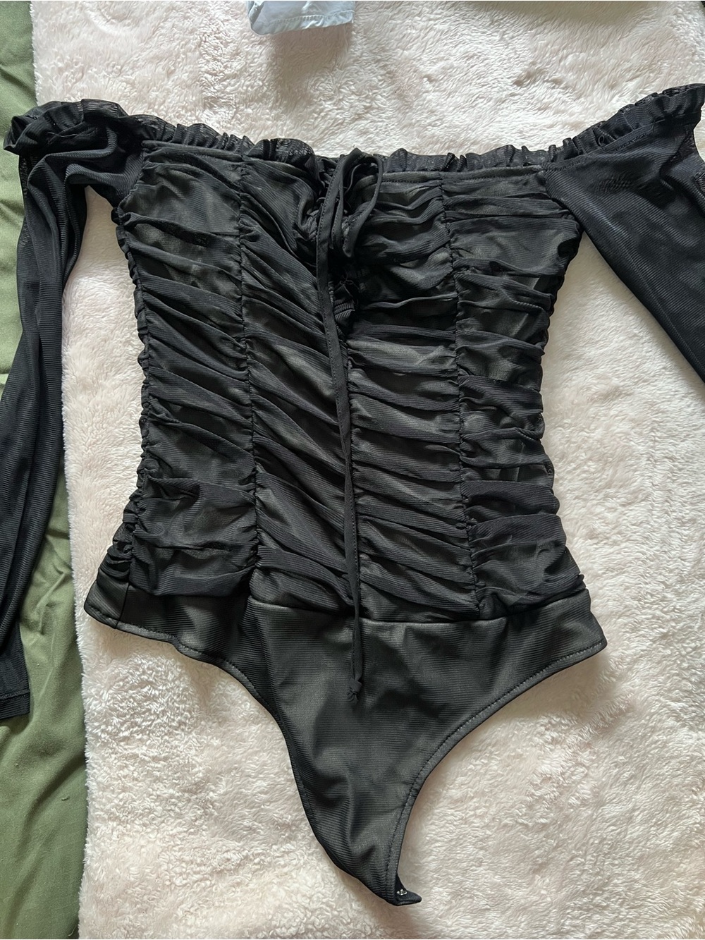 Windsor Black Off-Shoulder Ruched Long-Sleeve Bodysuit